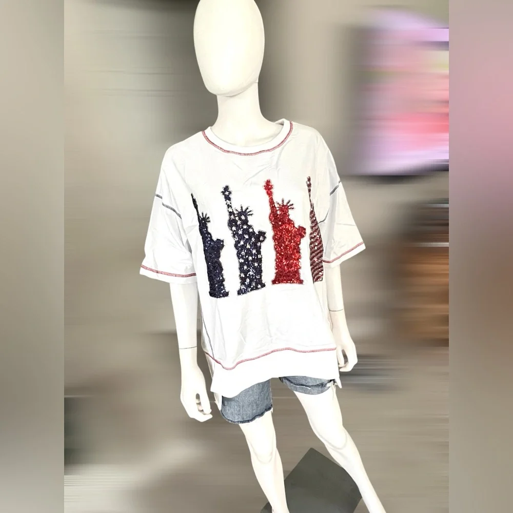 FANTASTIC FAWN sequin liberty patriotic oversized white tee S M L - Picture 5 of 9